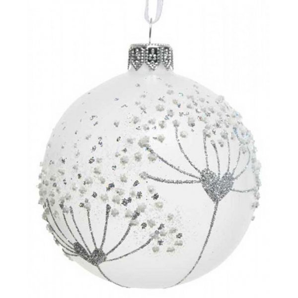 Χριστουγεννιάτικη Γυάλινη Μπάλα Λευκή, με Λουλούδι σε Σχήμα Καρδιάς (8cm)